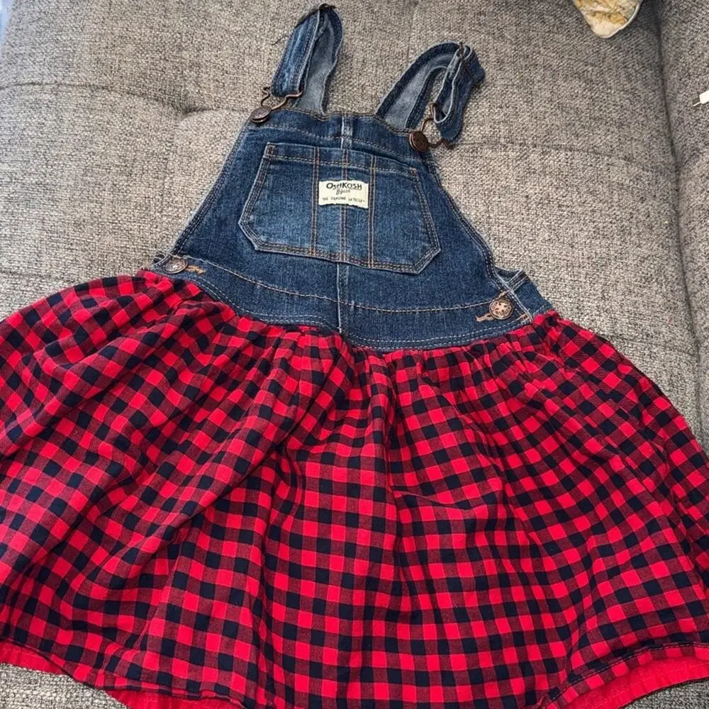 Oshkosh buffalo check denim overalls dress size 5T